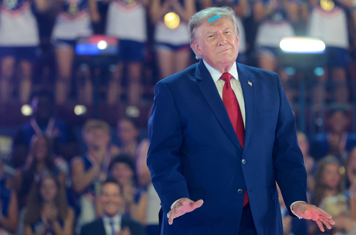GENEVA, OHIO - AUGUST 11: U.S. President Donald Trump gestures as confetti falls at the 2026 Patriot Games at SPIRE Academy on August 11, 2026 in Geneva, Ohio. The Patriot Games is a youth athletics competition featuring 14-17 year-old students from across the country celebrating the nation's 250th anniversary.   Anna Moneymaker/Getty Images/AFP (Photo by Anna Moneymaker / GETTY IMAGES NORTH AMERICA / Getty Images via AFP)