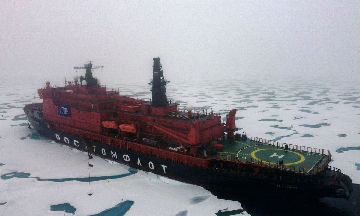 The Russian "50 Years of Victory" nuclear-powered icebreaker is seen at the North Pole on August 18, 2021. (Photo by Ekaterina ANISIMOVA / AFP)