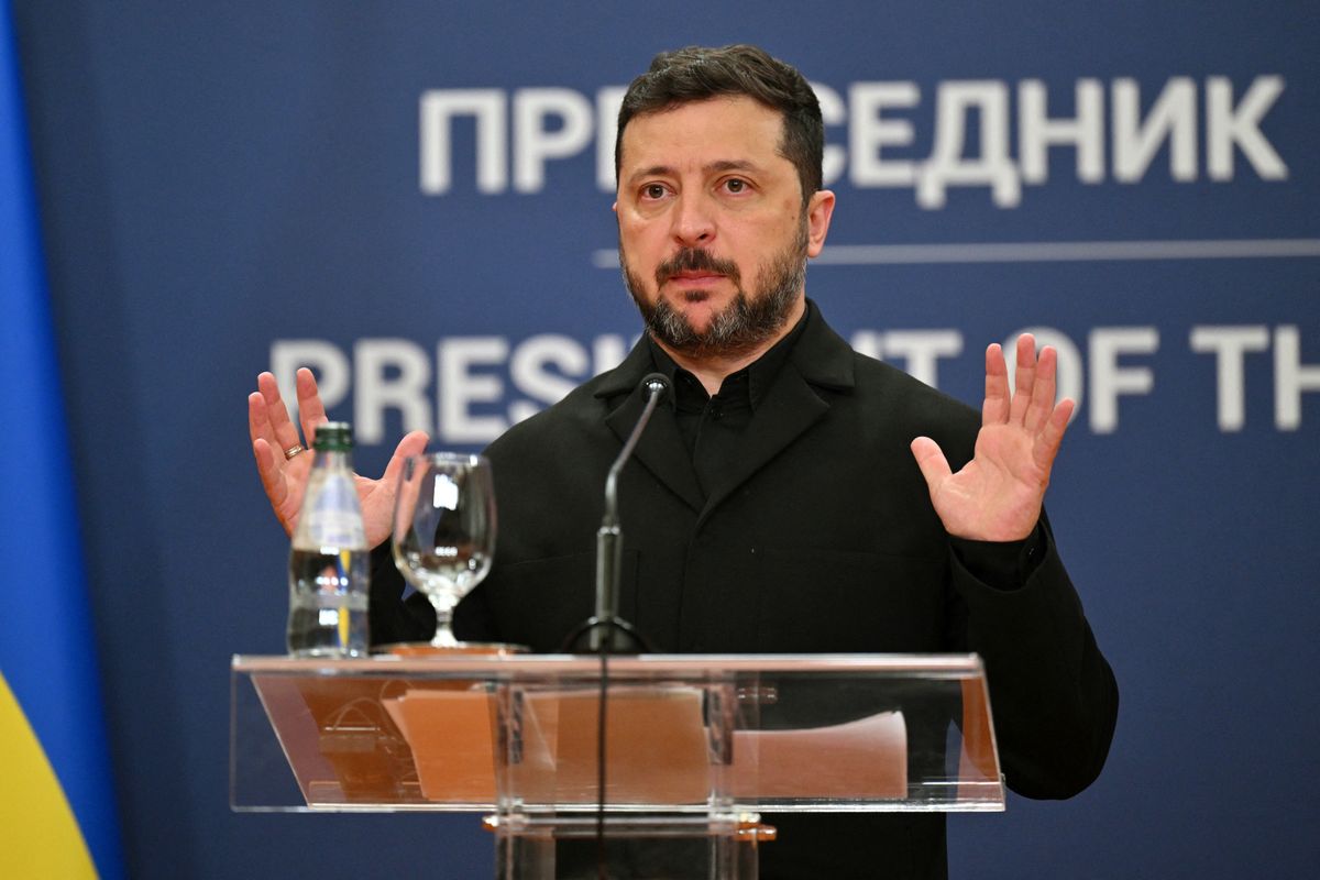 Ukraine's President Volodymyr Zelensky reacts during a joint press conference with Serbia's President following their meeting at the Palace of Serbia, in Belgrade on August 8, 2026. (Photo by Andrej ISAKOVIC / AFP)
