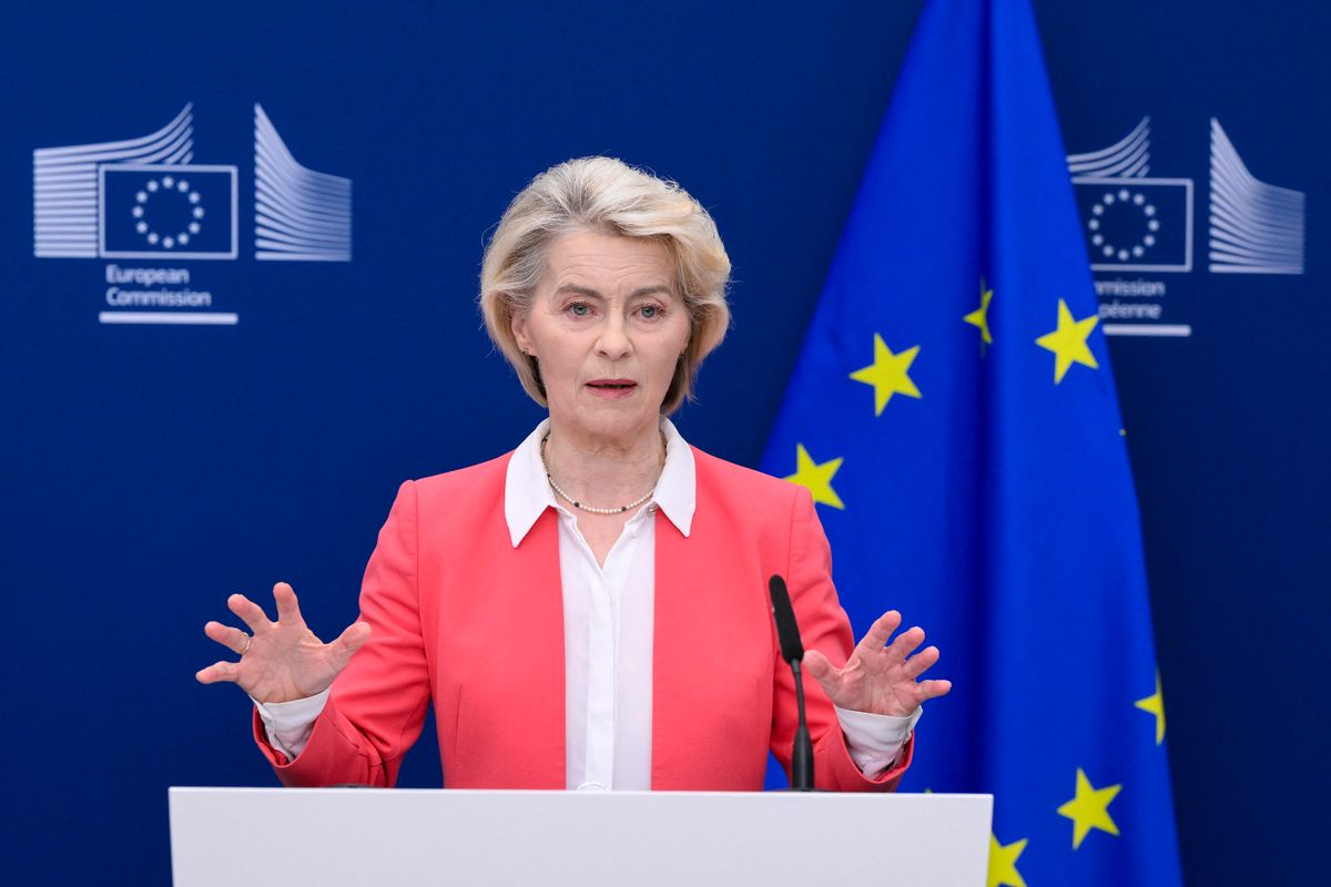 European Commission President Ursula von der Leyen addresses the audience following a press conference on the handover of the final report of the Special Panel on child safety online in Brussels on July 13, 2026. (Photo by JOHN THYS / AFP)