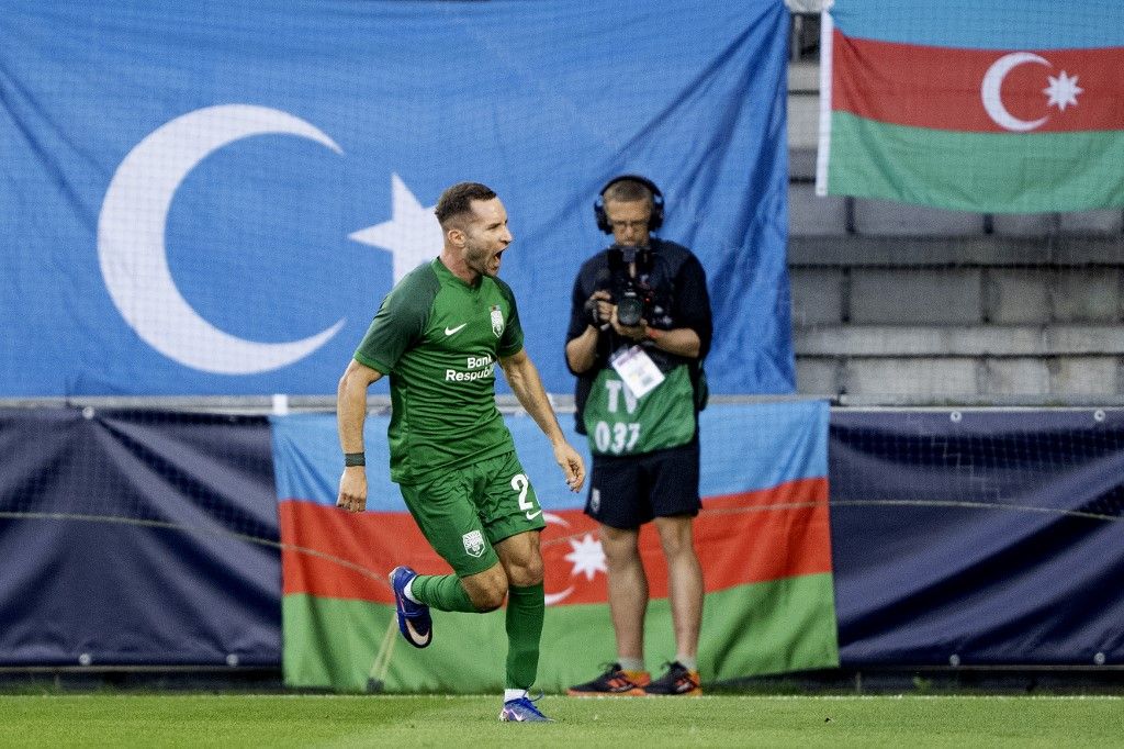 Sabah FC's Velko SimiA? reacts after he has reduced the score to 1-2 during the UEFA Champions League 3rd qualifying round 1st leg match between AGF and Sabah FK at Randers Stadium on Wednesday, August 5, 2026. (Photo: Bo Amstrup/Ritzau Scanpix) (Photo by BO AMSTRUP / Ritzau Scanpix via AFP)
