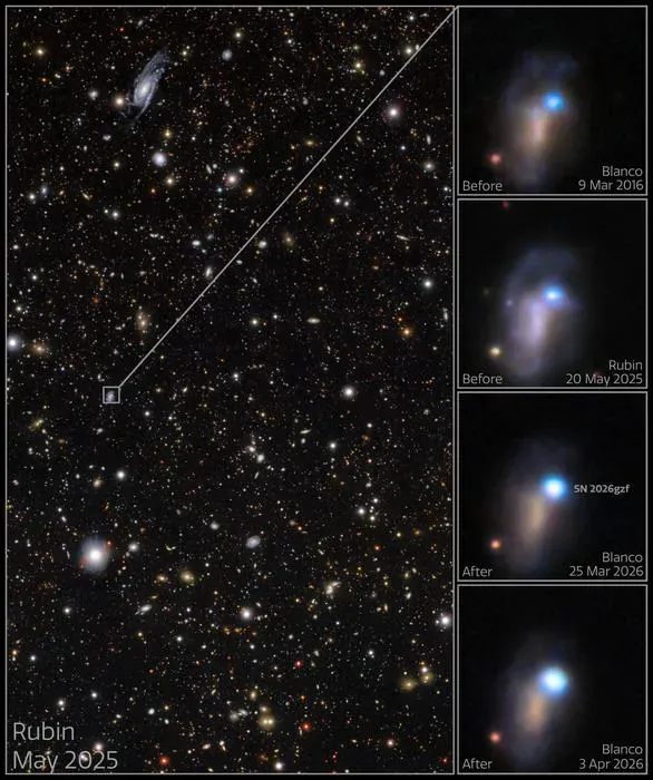 These images show the evolution of supernova SN 2026gzf, which was first detected by the Einstein Probe on 21 March 2026. Images taken on 25 March and 3 April 2026 show the supernova brightening. Archival images of the host galaxy from 9 March 2016 and 20 May 2025 reveal a bright blue source at the location of the supernova, which scientists say likely represents a compact, extreme star-forming region in the host galaxy, combined with pre-explosion activity of the progenitor star before its death.&nbsp; These images were captured with the LSST Camera, mounted on NSF–DOE Vera C. Rubin Observatory, jointly funded by the U.S. National Science Foundation (NSF) and the U.S. Department of Energy's Office of Science (DOE/SC), and the 570-megapixel DOE-fabricated Dark Energy Camera (DECam), mounted on the NSF Víctor M. Blanco 4-meter Telescope at Cerro Tololo Inter-American Observatory (CTIO) in Chile, a Program of NSF NOIRLab. View the individual images at the following links: pre-explosion field, 9 March 2016, 20 May 2025, 25 March 2026, 3 April 2026. SN 2026gzf occurred within Rubin’s COSMOS Deep Drilling Field. Observations of this field, including this image, were recently made public as part of Rubin’s Early Data Preview 2 (EDP2) — the first data preview based on observations from the LSST Camera. EDP2 combines Rubin’s science validation observations collected between April 2025 and January 2026.