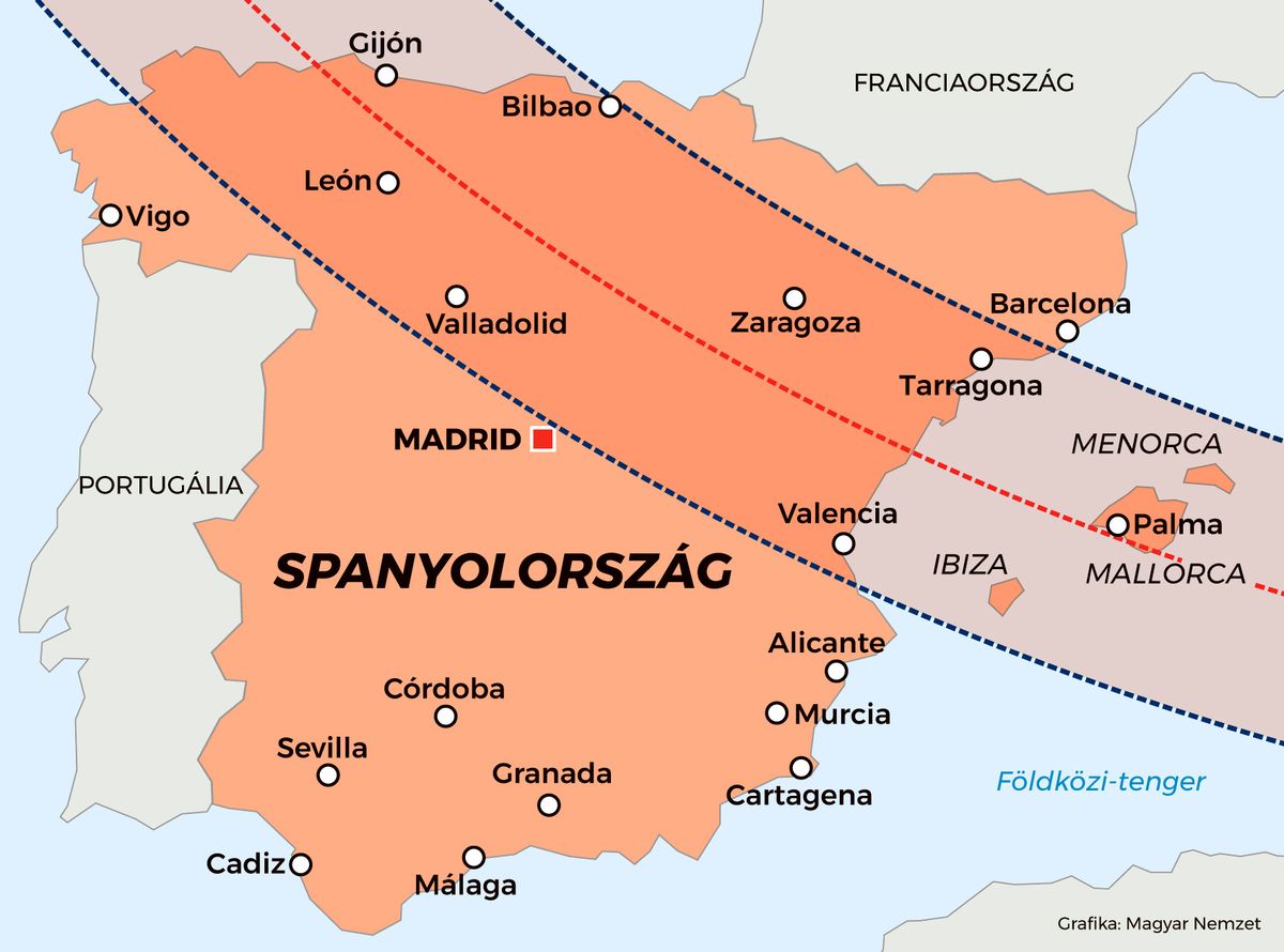 A napfogyatkozás zónája Spanyolországban.