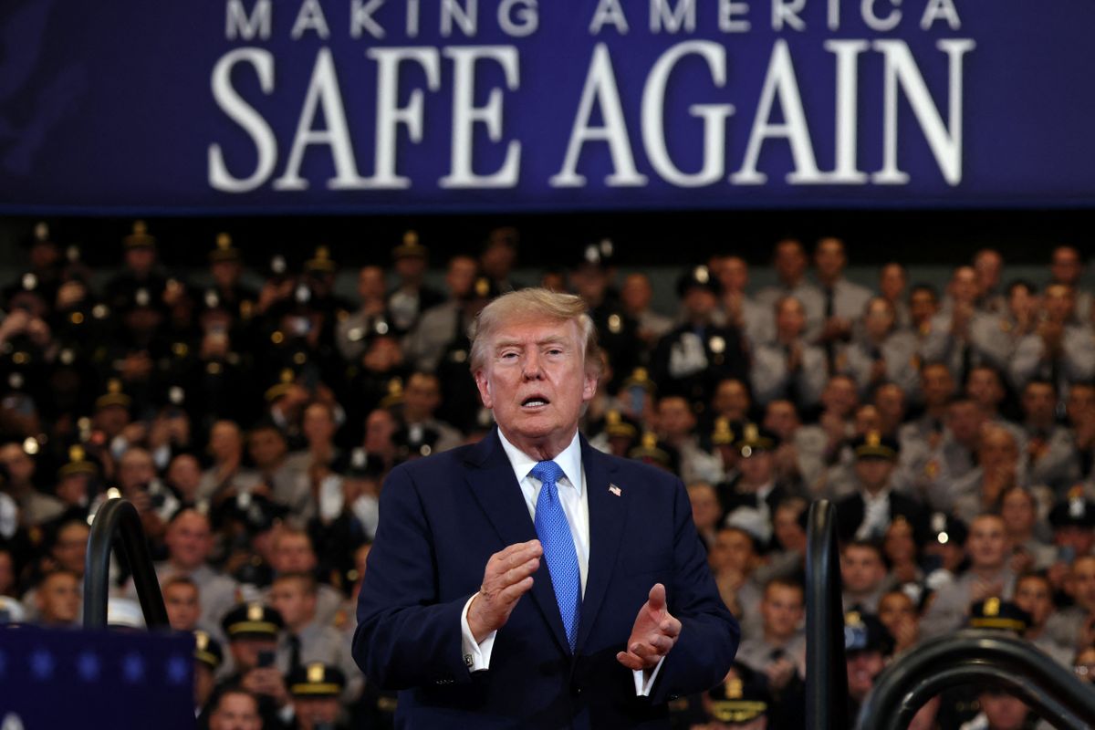 GARDEN CITY, NEW YORK - AUGUST 14: U.S. President Donald Trump departs after delivering remarks at the David S. Mack Center for Training and Intelligence on August 14, 2026 in Garden City, New York. President Trump visited the police academy to highlight the FBI's 2025 Crime Statistics Report and rally support for local Republican candidates ahead of the upcoming midterm elections. Samuel Corum/Getty Images/AFP (Photo by Samuel Corum / GETTY IMAGES NORTH AMERICA / Getty Images via AFP)