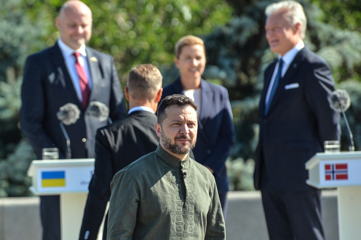 President of Ukraine Volodymyr Zelenskyy participates in the raising of the State Flag at the National Museum of the History of Ukraine in the Second World War Memorial Complex on National Flag Day in Kyiv, Ukraine, on August 23, 2026. (Photo by Yevhen Kotenko/Ukrinform/NurPhoto) (Photo by Yevhen Kotenko / NurPhoto via AFP)