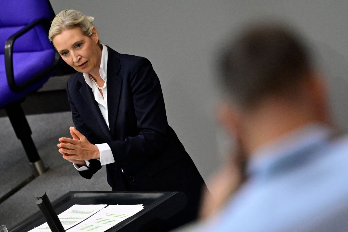 Co-leader of the far-right Alternative for Germany (AfD) party Alice Weidel addresses parliamentarians during a session at the Bundestag, the lower house of German parliament, in Berlin, on July 9, 2026. (Photo by John MACDOUGALL / AFP)