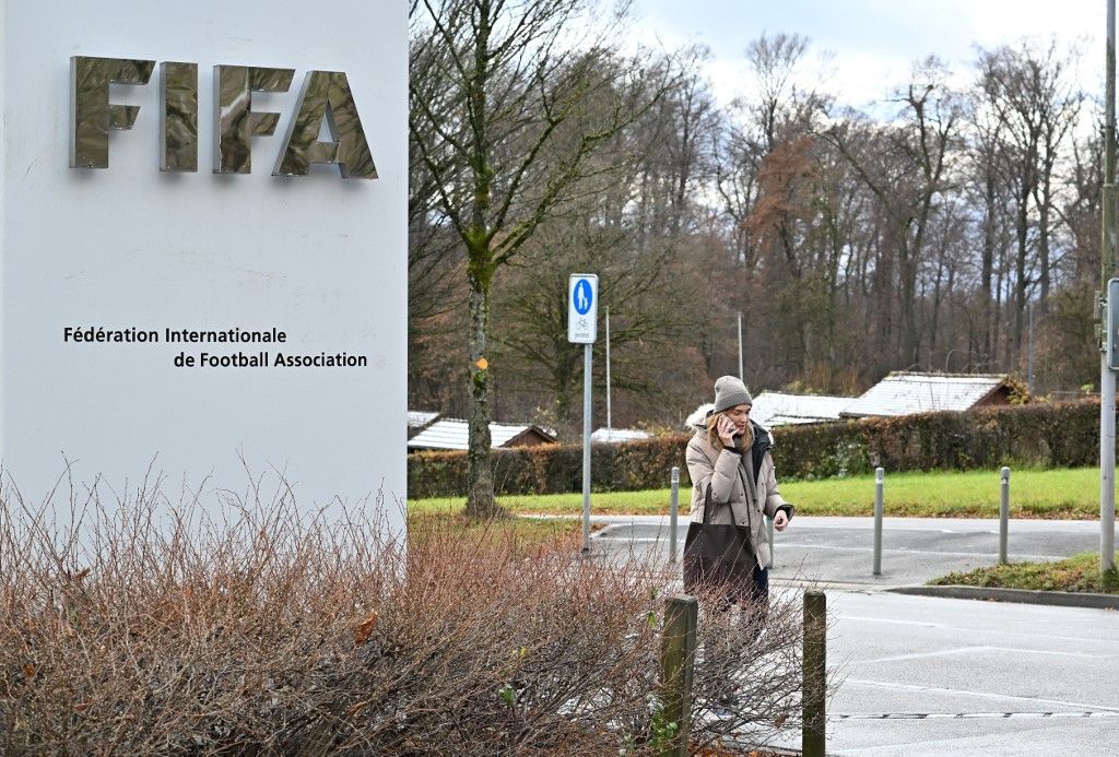 ZURICH, SWITZERLAND - NOVEMBER 20: The FIFA logo is seen outside the FIFA headquarters prior to the FIFA World Cup 26 play-offs draws on November 20, 2025 in Zurich, Switzerland. Mustafa Yalcin / Anadolu (Photo by MUSTAFA YALCIN / Anadolu via AFP)