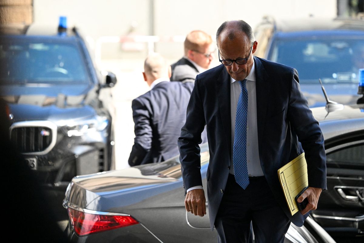German Chancellor and leader of Germany's Christian Democratic Union (CDU) Friedrich Merz arrives for the conservative CDU/CSU parliamentary group meeting to elect their new leader in Berlin, Germany, on July 29, 2026. (Photo by RALF HIRSCHBERGER / AFP)