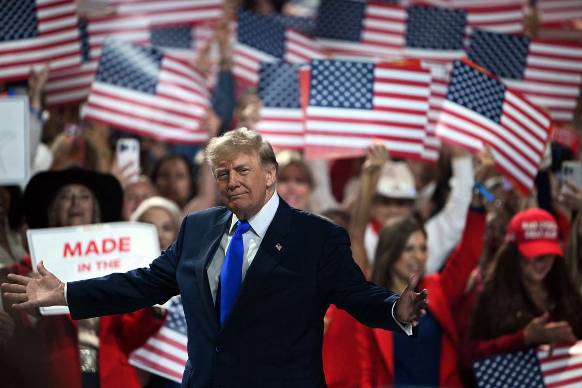 US President Donald Trump arrives to speak during the Republican National Midterm Convention at the American Airlines Center in Dallas, Texas on September 9, 2026. US Republicans open an extraordinary midterm convention in Dallas on September 9 betting that putting Donald Trump at the center of their campaign can rescue a party facing grim election forecasts -- despite the president's negative approval ratings. (Photo by RONALDO SCHEMIDT / AFP)