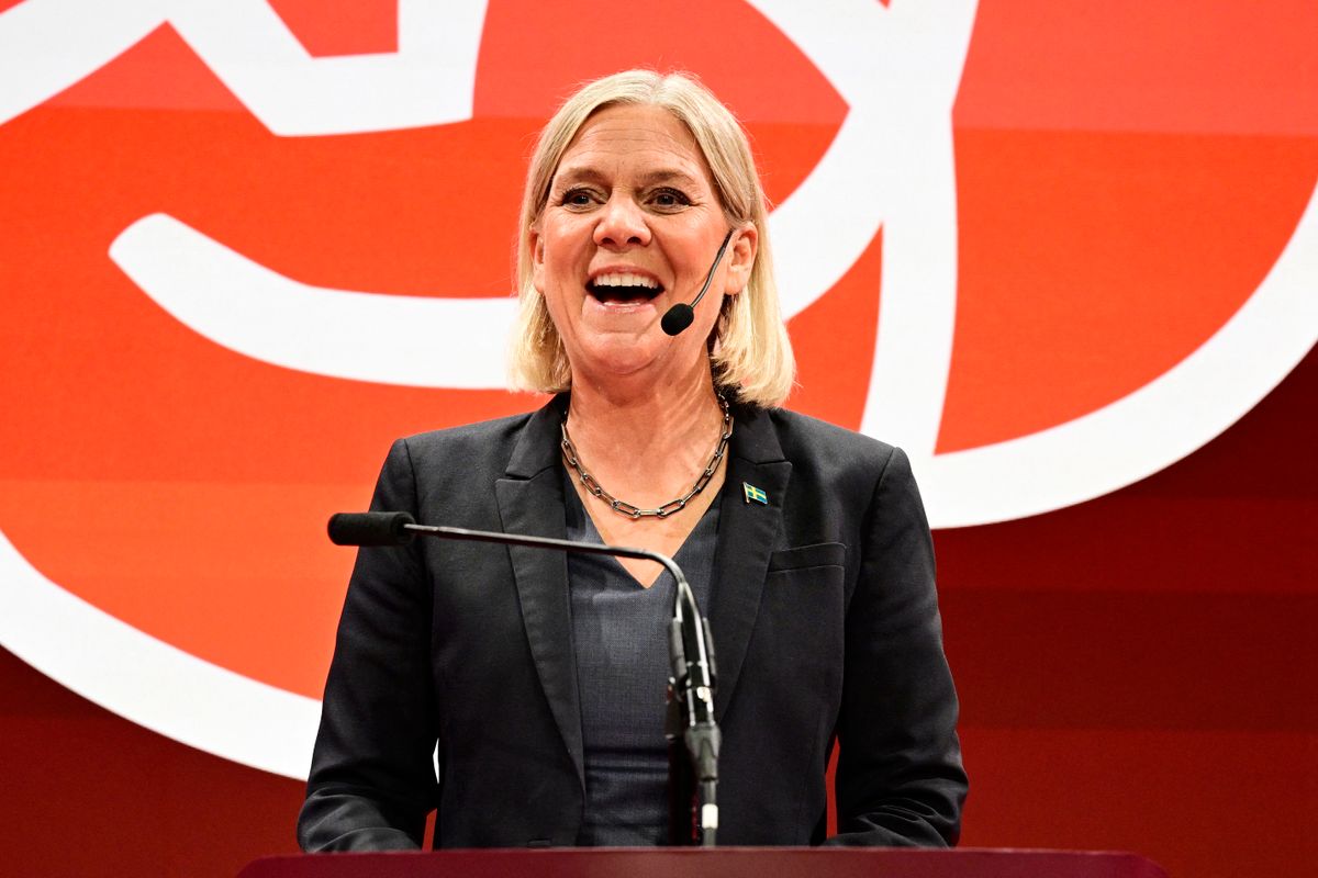 Sweden's Social Democratic Party leader Magdalena Andersson speaks during the Social Democrats' election night party in Stockholm on September 13, 2026. Sweden's general election was too close to call early on September 14, 2026, as the incumbent prime minister and the left-wing opposition leader both said they were ready to govern and the far right was seen losing ground. With more than 90 percent of votes counted, four opposition parties led by Social Democratic leader Magdalena Andersson, held a three-seat majority in the 349-seat parliament over Prime Minister Ulf Kristersson's right-wing alliance, which includes the anti-immigration Sweden Democrats. (Photo by Jonas EKSTROMER / TT News Agency / AFP) / Sweden OUT