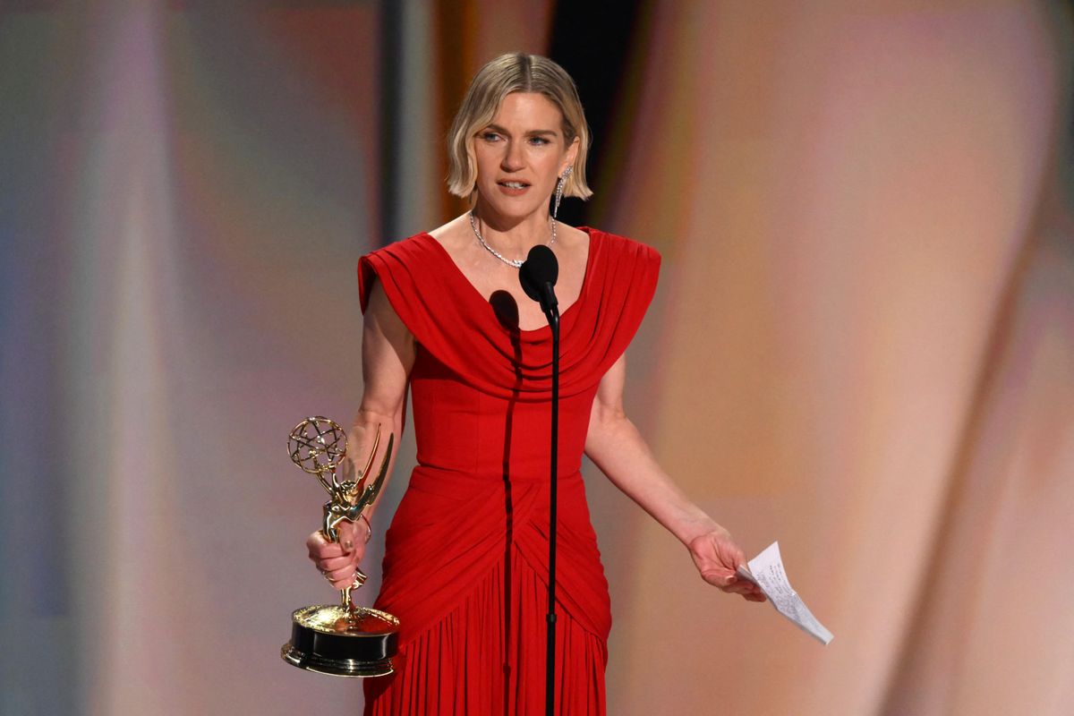 US actress Rhea Seehorn accepts the award for Outstanding Lead Actress in a Drama Series for "Pluribus" onstage during the 78th Primetime Emmy Awards at the Peacock Theatre at LA Live in Los Angeles on September 14, 2026. (Photo by Patrick T. Fallon / AFP) / RESTRICTED TO EDITORIAL USE