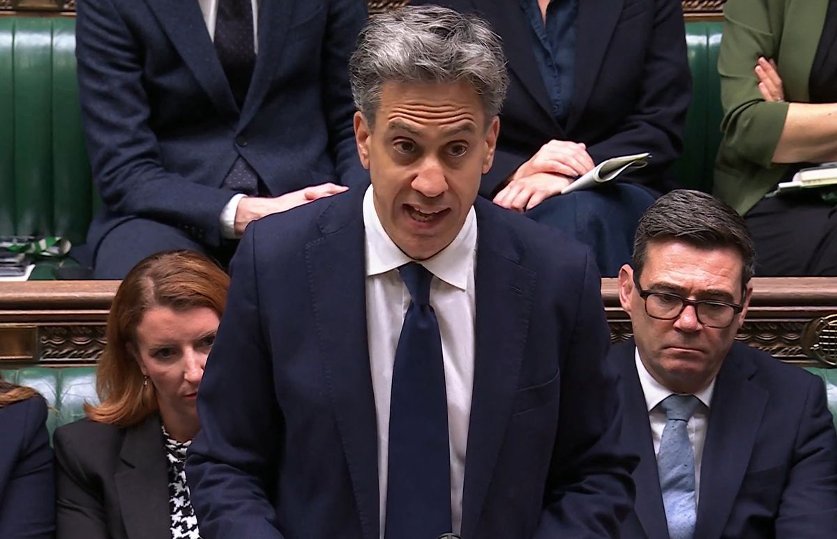 In this video grab taken from footage broadcast by the UK Parliamentary Recording Unit (PRU) via the Parliament TV website in the House of Commons on September 8, 2026, Britain's Foreign Secretary Ed Miliband delivers a speech on an import ban of goods from illegal settlements in occupied Palestinian territories. (Photo by PRU / AFP) / RESTRICTED TO EDITORIAL USE - NO USE FOR ENTERTAINMENT, SATIRICAL, ADVERTISING PURPOSES - MANDATORY CREDIT " AFP PHOTO / PRU "