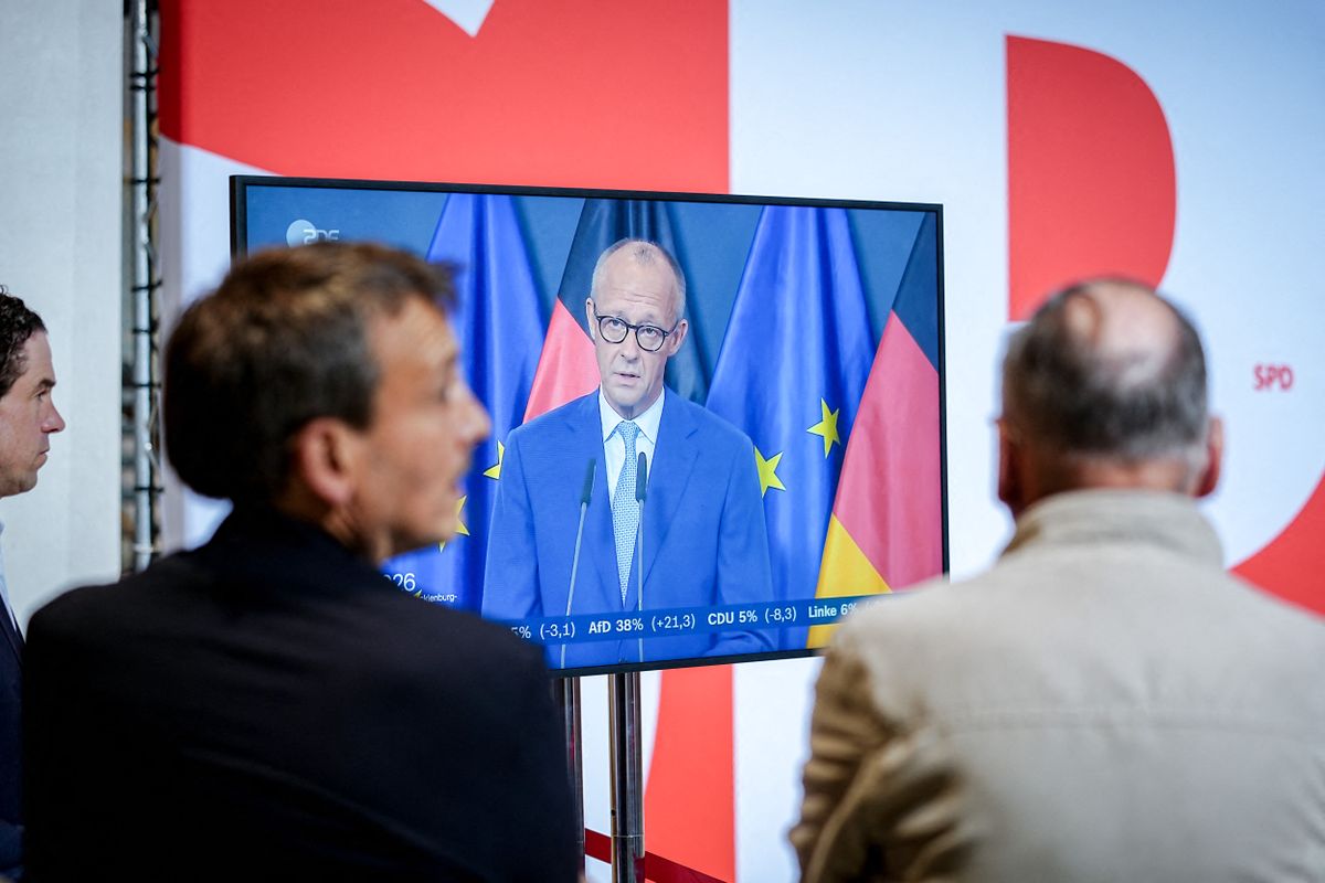 20 September 2026, Berlin: A screen at the Willy Brandt House shows Federal Chancellor Friedrich Merz (CDU) delivering his speech following the elections in Berlin and Mecklenburg-Western Pomerania. On Sunday (September 20, 2026), state legislative elections were held in Mecklenburg-Western Pomerania and Berlin. Photo: Kay Nietfeld/dpa (Photo by KAY NIETFELD / dpa Picture-Alliance via AFP)