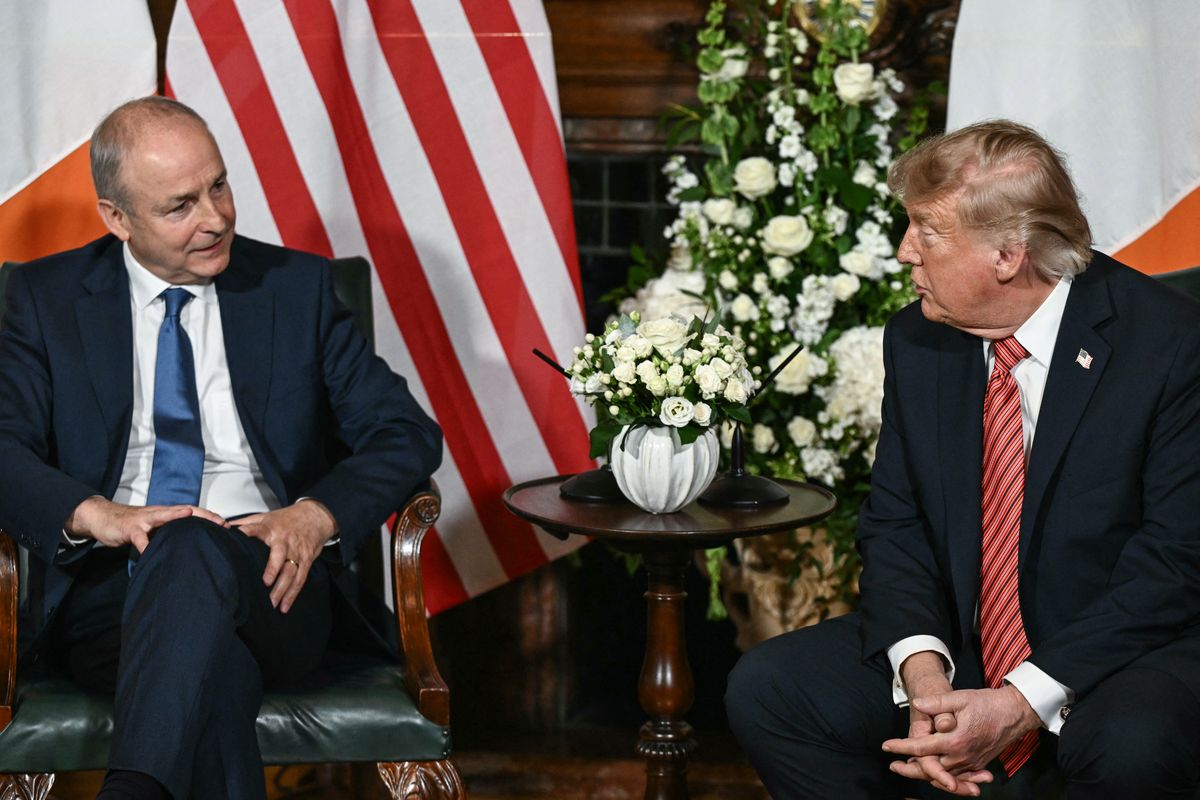 US President Donald Trump (R) meets with Ireland's Prime Minister Micheál Martin at Farmleigh House in Phoenix Park in the Irish capital Dublin on September 12, 2026. Trump arrives in Ireland on September 12 for a two-day visit, stopping for a few hours in Dublin before heading west to his Trump International Golf Links to attend the Irish Open. (Photo by Brendan SMIALOWSKI / AFP)