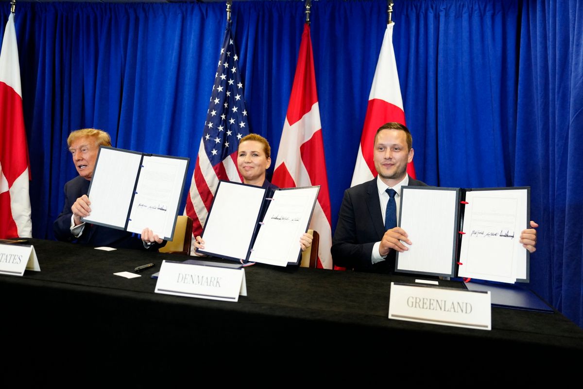 Prime Minister Mette Frederiksen, Greenland's government leader Jens-Frederik Nielsen, and US President Donald Trump during the signing ceremony at the UN building in New York, Tuesday, September 22, 2026. (Photo: Mads Claus Rasmussen/Scanpix 2026) (Photo by Mads Claus Rasmussen / Ritzau Scanpix via AFP)