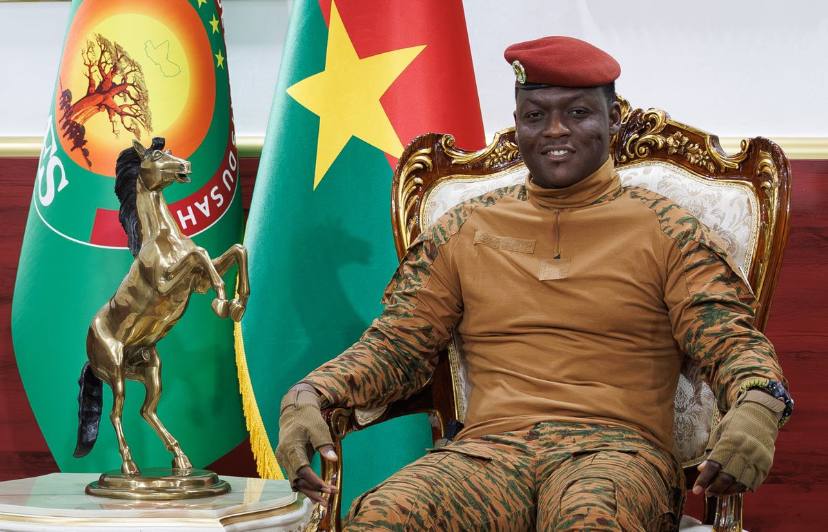 Burkina Faso President Ibrahim Traore pictured at Presidential palace on the second day of a diplomatic mission of Belgian Foreign Minister in the Sahel region, in Ouagadougou, Burkina Faso. 
BELGA PHOTO BENOIT DOPPAGNE (Photo by BENOIT DOPPAGNE / BELGA MAG / Belga via AFP)