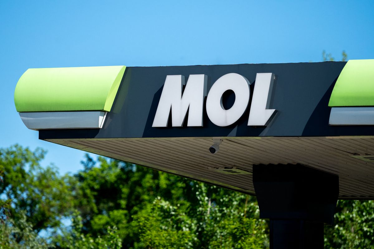 A MOL gas station with a logo sign is seen in Krakow, Poland, on May 10, 2026. The station is operated by the Hungarian oil company and features gasoline pump stands or fuel dispenser machines. (Photo by Marcin Golba/NurPhoto) (Photo by Marcin Golba / NurPhoto via AFP)