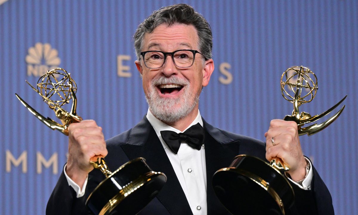 US comedian and writer Stephen Colbert winner of Outstanding Variety Series for "The Late Show with Stephen Colbert" and Outstanding Short Form Comedy, Drama or Variety Series for The Late Show digital/online program "Colbert Before Air" pose in the press room during the 78th Primetime Emmy Awards at the Peacock Theatre at LA Live in Los Angeles on September 14, 2026. (Photo by Frederic J. Brown / AFP)