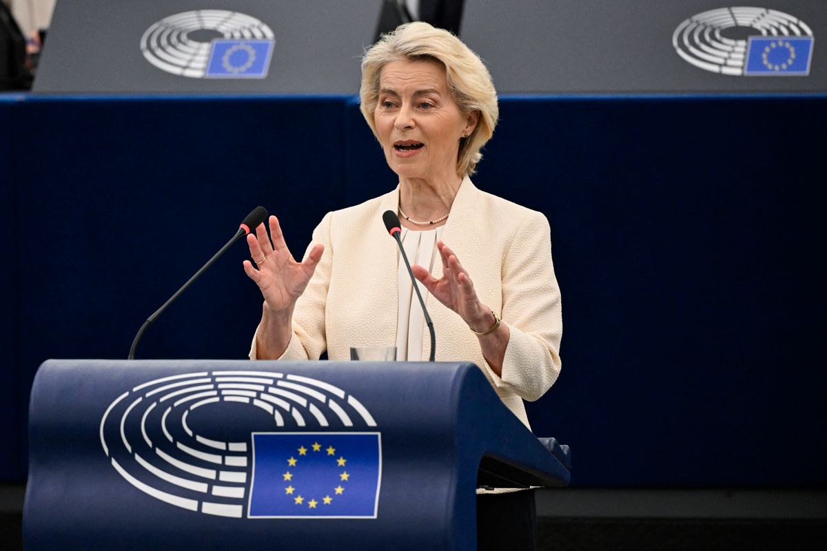 European Commission President Ursula von der Leyen gestures as she delivers a speech during her annual State of the Union address at a plenary session of the European Parliament in Strasbourg, eastern France on September 16, 2026. EU chief Ursula von der Leyen said on September 16, 2026 the future of the 27-nation bloc depends on how it manages climate change and artificial intelligence, as she delivered a major speech in Strasbourg. (Photo by Jean-Christophe VERHAEGEN / AFP)