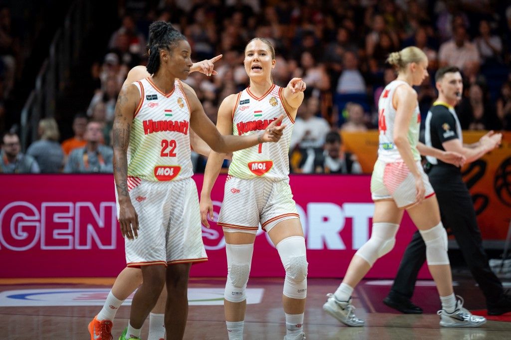 Veronika Kanyasi and Yvonne Turner play during the FIBA Women's Basketball World Cup 2026 qualification match between Hungary and Japan in Berlin, Germany, on September 8, 2026. (Photo by Marcin Golba/NurPhoto) (Photo by Marcin Golba / NurPhoto via AFP)
