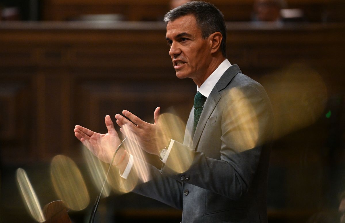 MADRID, SPAIN - SEPTEMBER 3: Spanish Prime Minister Pedro Sanchez addresses the plenary session of Parliament regarding the political and social crisis that followed the entry of nearly 70,000 irregular migrants into the Spanish territory of Ceuta in North Africa by Morocco on July 30-31, in Madrid, Spain on September 3, 2026. Burak Akbulut / Anadolu (Photo by BURAK AKBULUT / Anadolu via AFP)