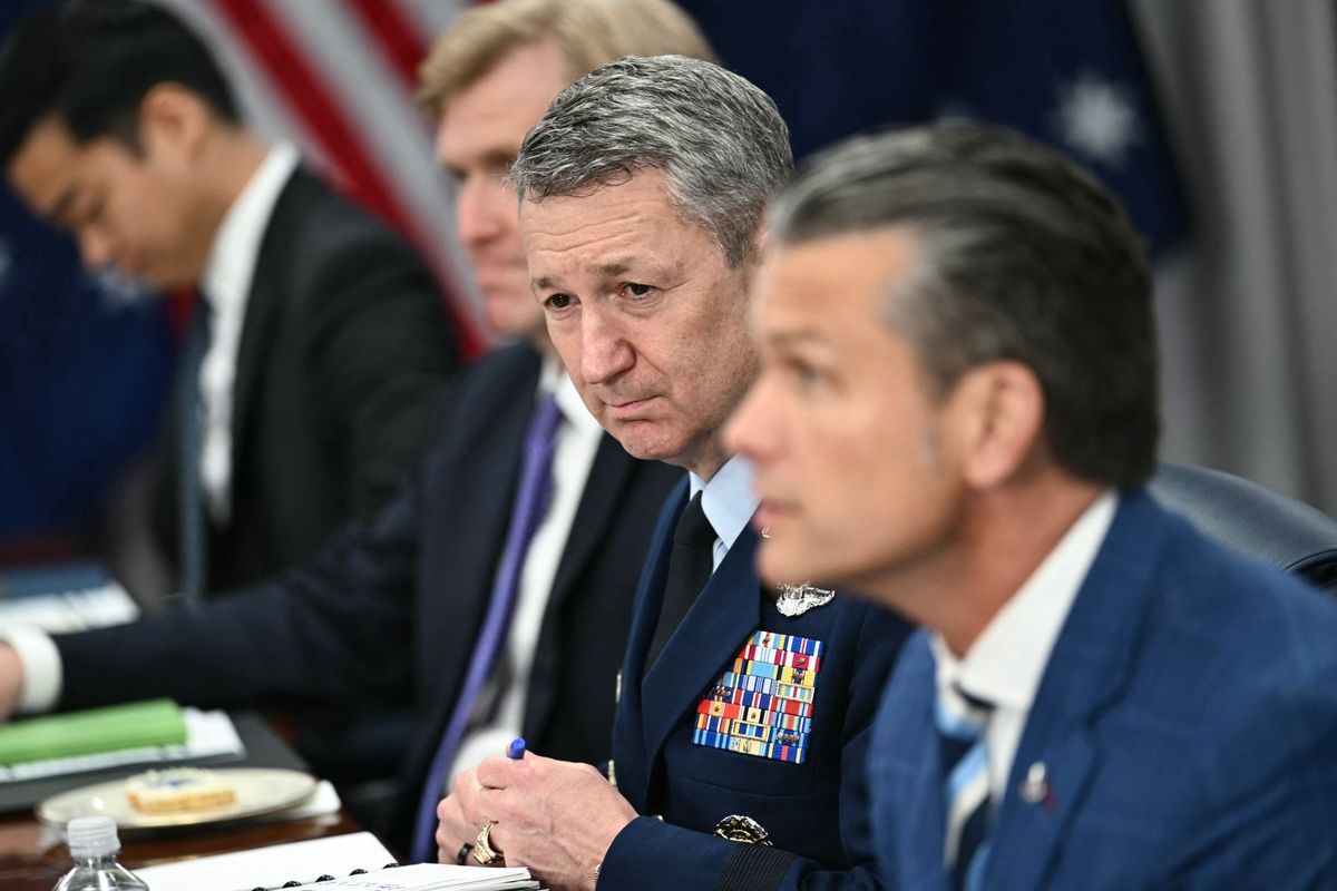 (L/R) US Under Secretary of Defense for Policy Elbridge Colby, Chairman of the Joint Chiefs of Staff Gen. Dan Caine, and US Secretary of Defense Pete Hegseth look on during a meeting with Australia's Deputy Prime Minister and Minister of Defence Richard Marles at the Pentagon in Washington, DC, on September 2, 2026. (Photo by Kent NISHIMURA / AFP)