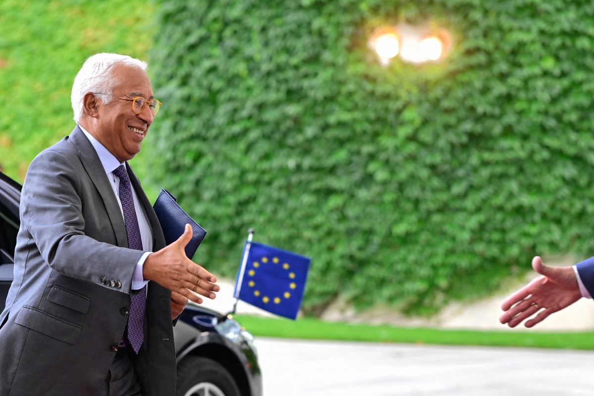 President of the European Council Antonio Costa (L) is greeted by German Chancellor Friedrich Merz as he arrives at the Chancellery in Berlin on September 9, 2026. (Photo by John MACDOUGALL / AFP)