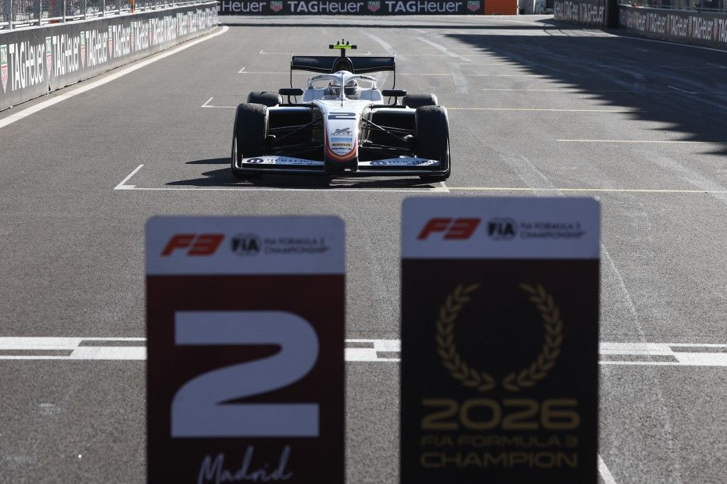 Ugo Ugochukwu after the Formula 3 Feature Race at Madring in Madrid, Spain on September 13, 2026. (Photo by Jakub Porzycki/NurPhoto) (Photo by Jakub Porzycki / NurPhoto via AFP)