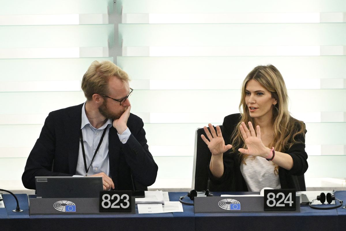 Former Europarliament Parliament Vice President Eva Kaili (R) takes part in a voting session on EU nature restoration law during a plenary session at the European Parliament in Strasbourg, eastern France, on July 12, 2023. The European Parliament on July 12, 2023 narrowly backed a key biodiversity bill aimed at rewilding EU land and water habitats, overcoming a backlash by conservative lawmakers who said it would hurt farmers. The text endorsing the Nature Restoration Law passed with 336 votes in favour, 300 against and 13 abstentions, setting the scene for the parliament to negotiate a final law on the issue with EU member state governments. (Photo by FREDERICK FLORIN / AFP)