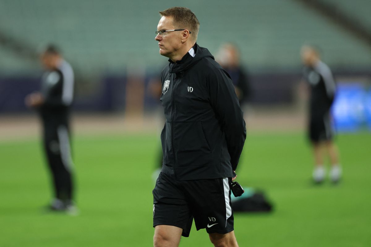 Sabah's Lithuanian Manager Valdas Dambrauskas leads a training session of his team at the Baku Olympic Stadium in Baku on October 19, 2026, on the eve of the UEFA Champions League match between Sabah and Borussia Dortmund. (Photo by Giorgi ARJEVANIDZE / AFP)