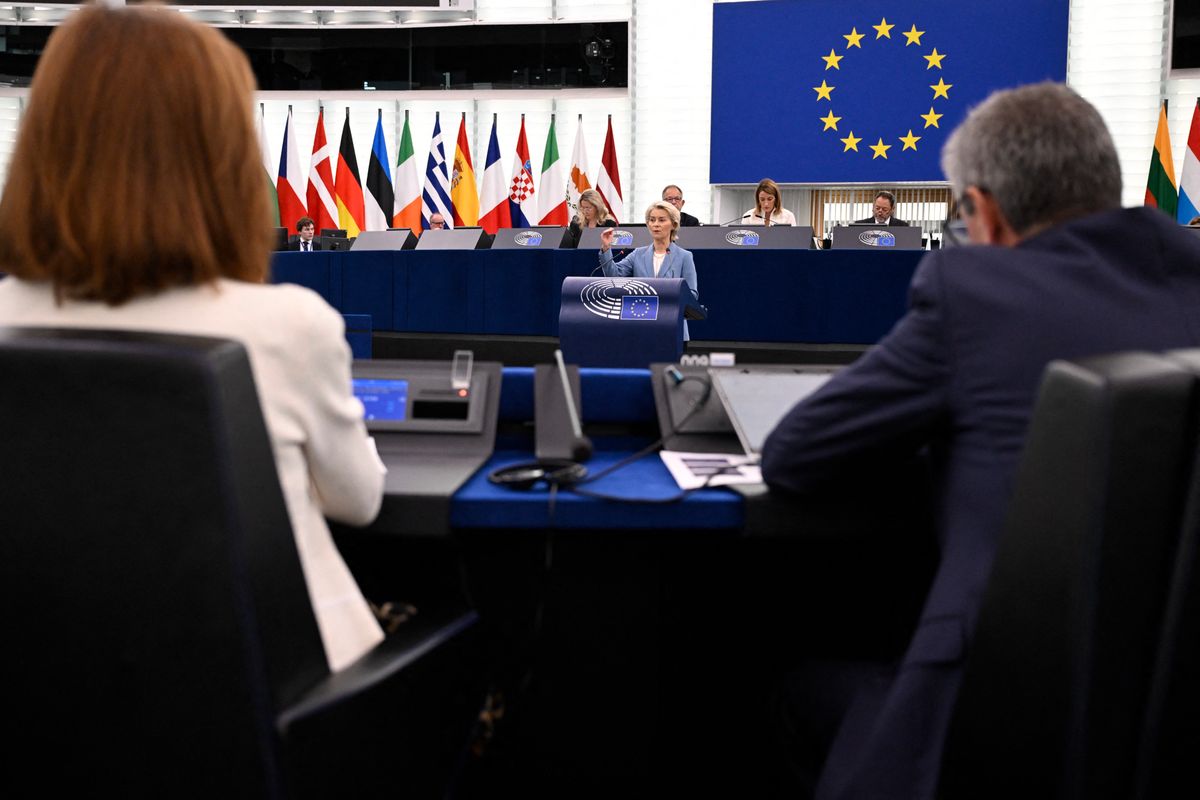 European Commission President Ursula von der Leyen addresses members of the European Parliament during a plenary session in Strasbourg on October 6, 2026. (Photo by Jean-Christophe VERHAEGEN / AFP)
