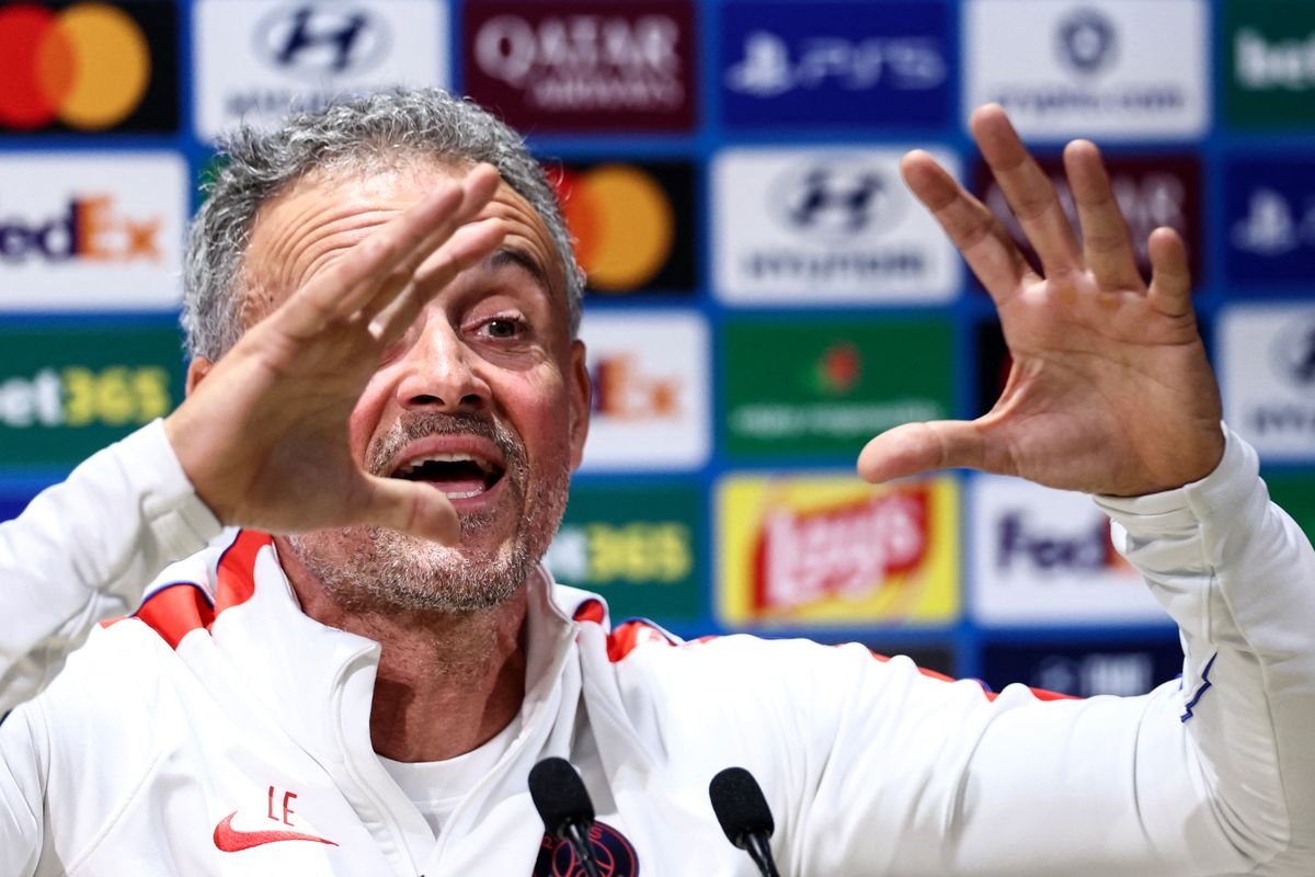 Paris Saint-Germain's Spanish head coach Luis Enrique gestures during a press conference at the Paris Saint-Germain's campus in Poissy, west of Paris on October 19, 2026 on the eve of their UEFA Champions League first round day 3 football match against FC Barcelona. (Photo by FRANCK FIFE / AFP)