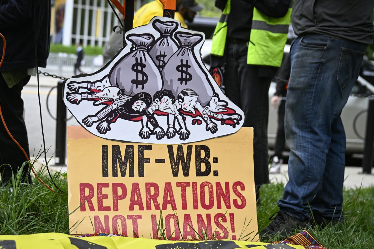 WASHINGTON DC, USA - APRIL 19: Climate activists stage a protest during the 2024 Spring Meetings of the International Monetary Fund (IMF) and the World Bank Group in Washington DC, United States on April 19, 2024. Celal Gunes / AnadoluNo Use USA No use UK No use Canada No use France No use Japan No use Italy No use Australia No use Spain No use Belgium No use Korea No use South Africa No use Hong Kong No use New Zealand No use Turkey