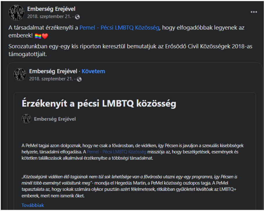 Az emberség erejével Alapítvány 2018-ban az Erősödő Civil Közösségek program keretében támogatta a pécsi LMBTQ-közösséget is. Forrás: Az emberség erejével Alapítvány