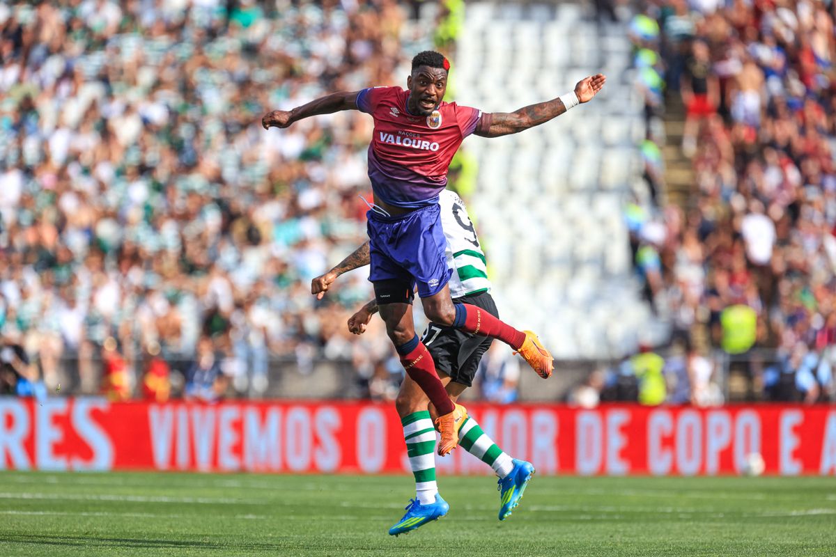 Stopira of SCU Torreense competes for the ball during a Taca De Portugal 2025/26 match between Sporting CP and SCU Torreense at Estadio Nacional do Jamor on May 24, 2026, in Lisbon, Portugal. (Photo by Valter Gouveia/NurPhoto) (Photo by Valter Gouveia / NurPhoto via AFP)