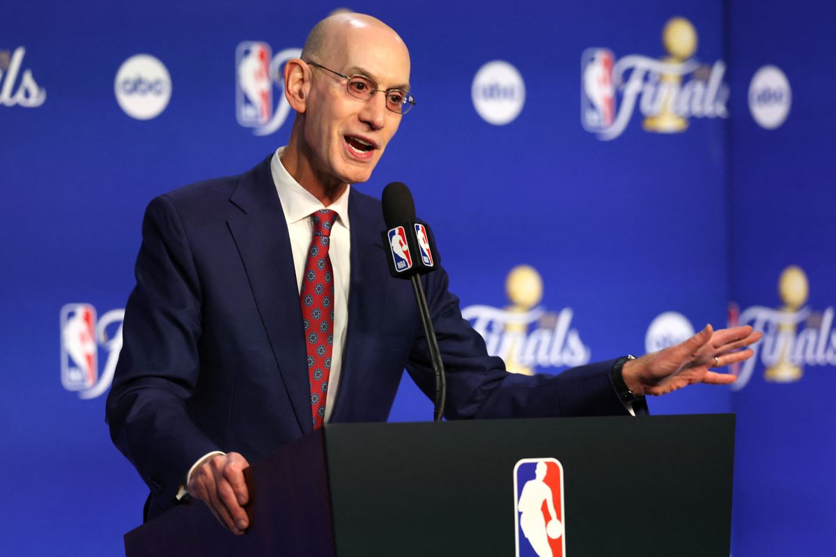 SAN ANTONIO, TEXAS - JUNE 03: NBA Commissioner Adam Silver addresses the media prior to a game between the New York Knicks and the San Antonio Spurs in the 2026 NBA Finals Game One of the 2026 NBA Finals at Frost Bank Center on June 03, 2026 in San Antonio, Texas. NOTE TO USER: User expressly acknowledges and agrees that, by downloading and or using this photograph, User is consenting to the terms and conditions of the Getty Images License Agreement.   Gregory Shamus/Getty Images/AFP (Photo by Gregory Shamus / GETTY IMAGES NORTH AMERICA / Getty Images via AFP)