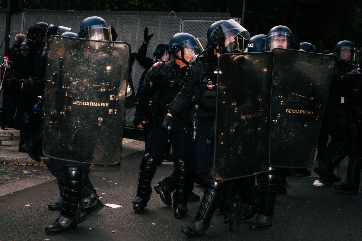 A group of gendarmerie officers charging with shields, during the protest against the high cost of living and the deterioration of public services in Paris on October 17, 2026, which brought together high school students, college students, labor unions, and citizens mobilized to defend purchasing power, educational resources, and living conditions, in Paris, FRANCE, 17 October 2026.
Charge de policiers de la gendarmerie avec des boucliers, lors de la manifestation contre la vie chere et la degradation des services publics a Paris le 17 octobre 2026, reunissant lyceens, etudiants, syndicats et citoyens mobilises pour defendre le pouvoir d achat, les moyens de l education et les conditions de vie, a Paris, FRANCE, le 17 octobre 2026. (Photo by Xose Bouzas / Hans Lucas via AFP)