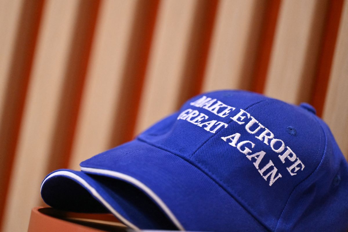 A cap reading "Make Europe great again" is seen at the first Patriots Network conference in Paris on May 2, 2026. Founded in France in 2023 by a member of the French far-right party Rassemblement National (RN), the network brings together young patriots from around 40 countries. (Photo by Julie SEBADELHA / AFP)