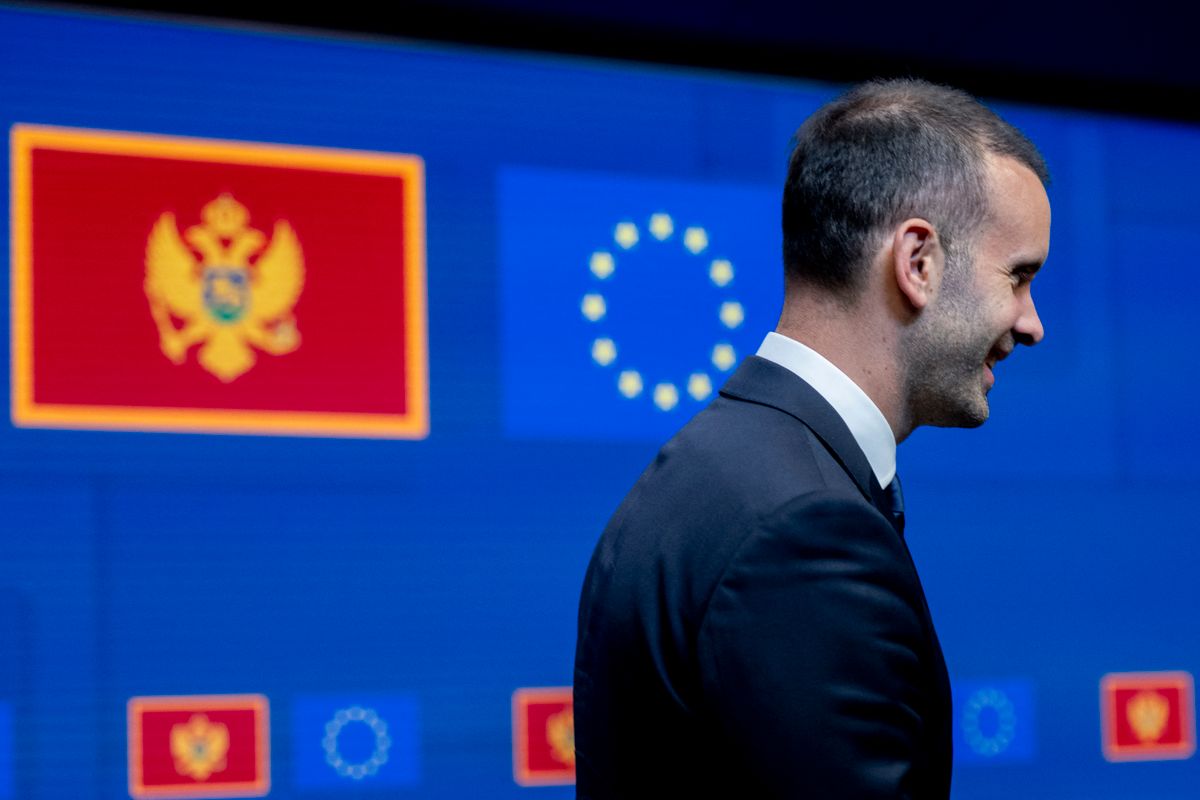 Milojko Spajic, Prime Minister of Montenegro, attends a press conference at the end of the 28th EU-Montenegro Accession Conference in Brussels, Belgium, on July 14, 2026. The meeting serves to provisionally close negotiations on chapters 8 (competition policy) and 29 (customs union). (Photo by Daniel Gnap/NurPhoto) (Photo by Daniel Gnap / NurPhoto via AFP)